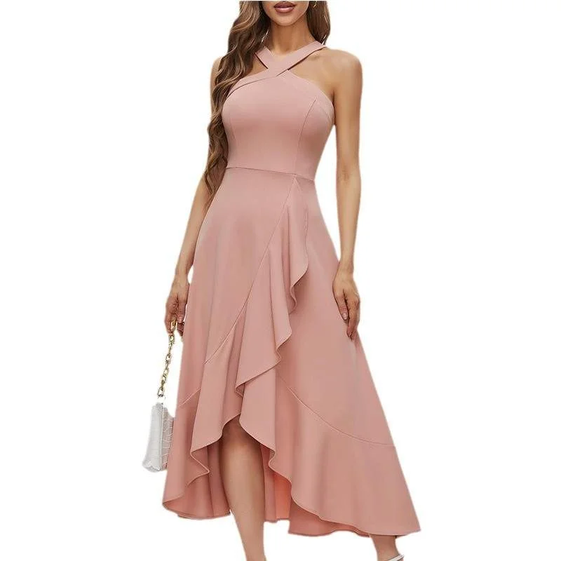 STYLE NECK HANGING COCKTAIL PARTY LADIES DRESS BALL FORMAL WEDDING BRIDESMAID RUFFLED DRESS