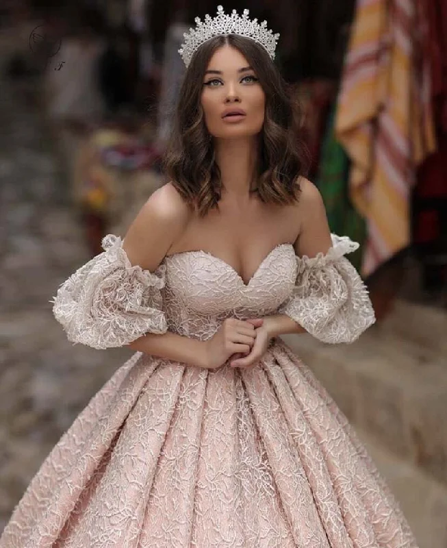 Fashion Pink Off the Shoulder Sweetheart Short Sleeve Pleated Lace Prom Dresses