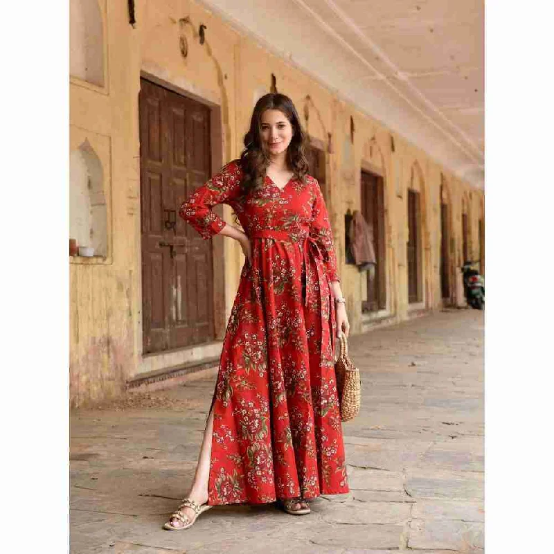 DIMPLE DESIGN STUDIO Dreamy Red Floral Cotton Dress (Set of 2)
