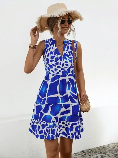Blue Zone Planet |  Printed Notched Sleeveless Tiered Dress