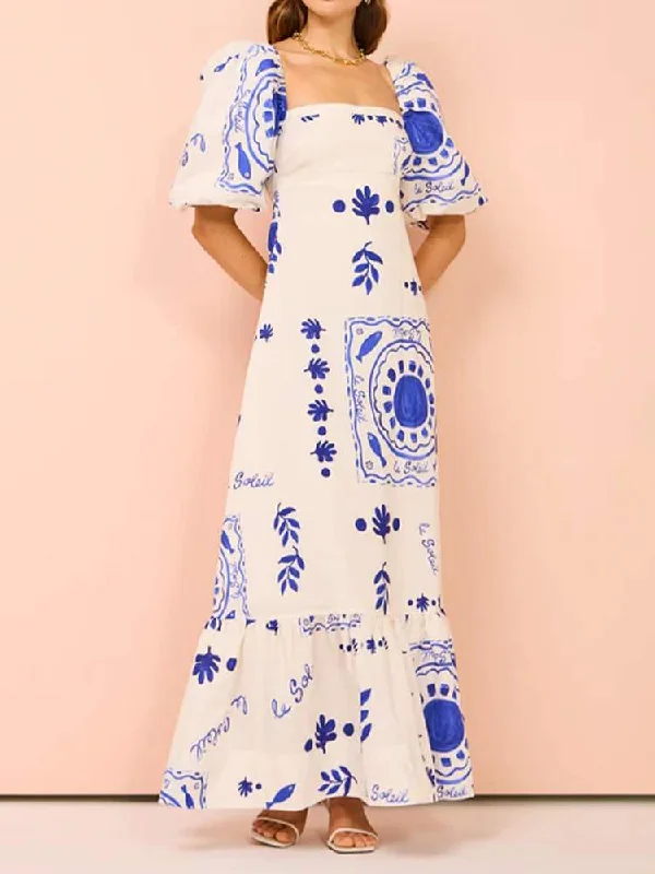CASUAL ONE LINE COLLAR LANTERN SLEEVE SLIM FIT COTTON LINEN DRESS WITH LARGE HEM