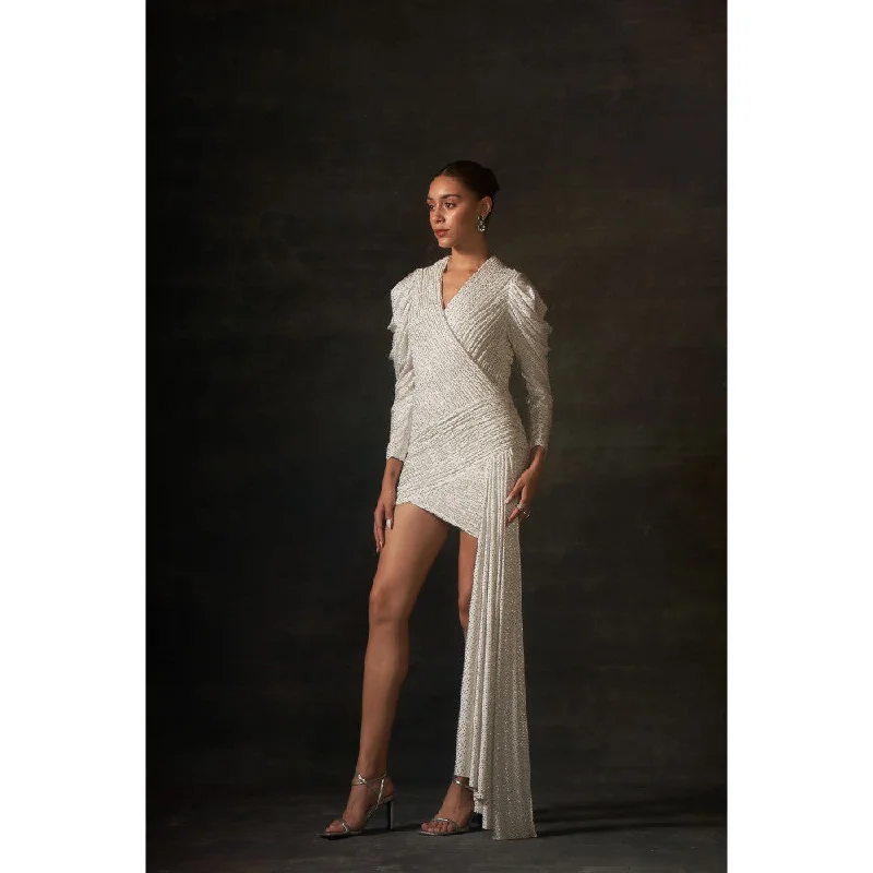 House of Exotique Ivory Swarovski Bodycon Drape Dress