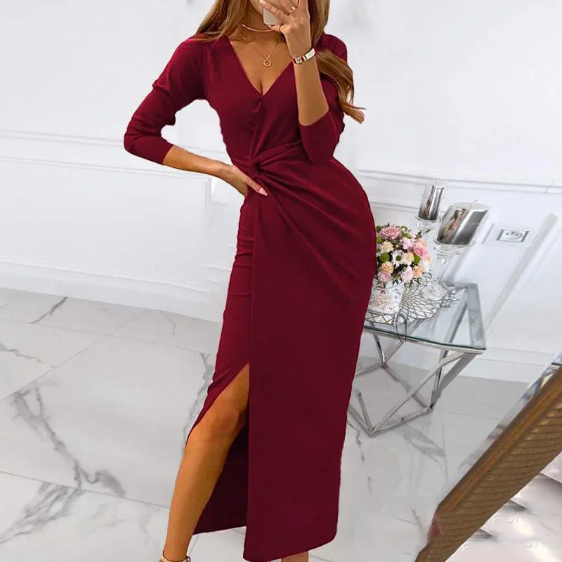 EXPLOSIONS SOLID COLOR CHEST WRAP LONG DRESS COTTON RED MID WAIST ELEGANT COMMUTER DRESS