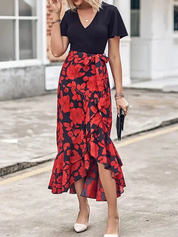 Blue Zone Planet |  V-neck splicing hem irregular slit short-sleeved printed dress