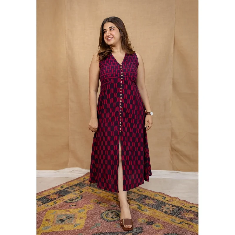 The Indian Ethnic Co. Multi-Color A-Line Dabu Printed Cotton Dress With V Neck