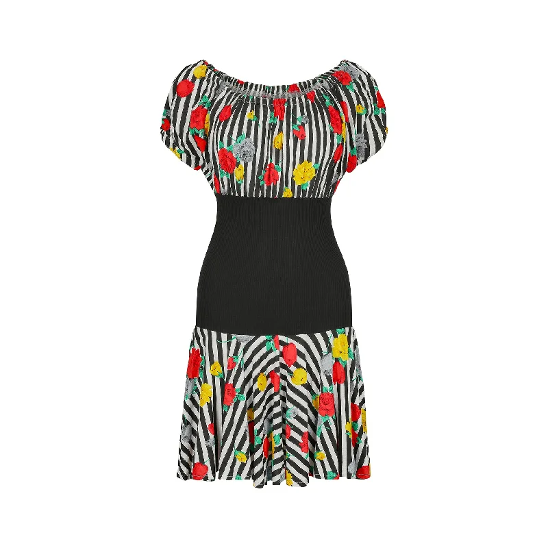1980s Cotton Floral Camelia Print Striped Dress