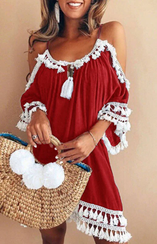 Blue Zone Planet |  Women's Halter Off Shoulder Fringed Dress