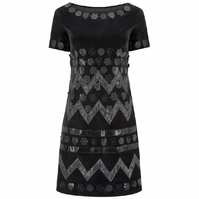 1990s Moschino Black Velvet Dress With Novelty Vinyl Appliques