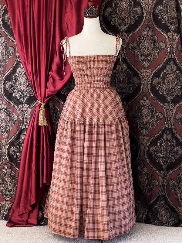 Historically Inspired Tartan Plaid Tiered Dress in Rust x Burgundy