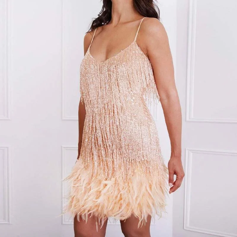 FASHION TASSEL SEQUINS MULTICOLOR BIRTHDAY PARTY SEXY V NECK SLING FEATHER STITCHING DRESS DRESS