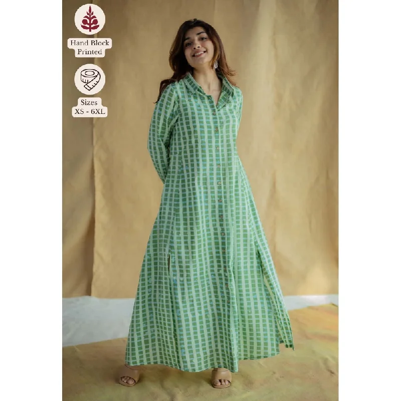 The Indian Ethnic Co. Green A-Line Batik Printed Slub Cotton Dress