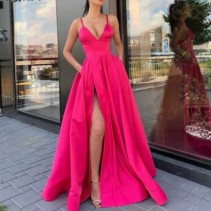 Spaghetti Strap Fuchsia Satin High Slit Long Prom Dress 2020 Plus Size Prom Dresses Girls A Line  vestidos de graduacion Formal