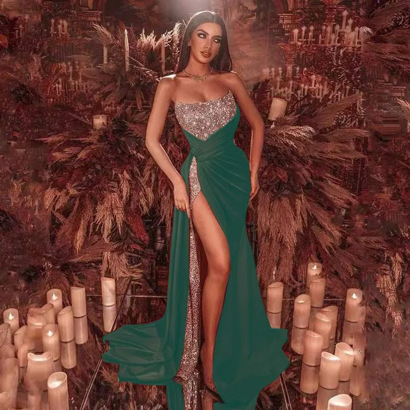 WOMEN S WOMEN S SEQUIN SPLIT EXLONGATED LONG DRESS SEXY STRAPLESS LARGE SWING DRESS EVENING DRESS