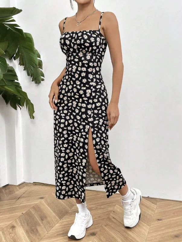 WRAPPED CHEST HIGH SLIT SMALL DAISY LEOPARD PRINT HIP LONG DRESS
