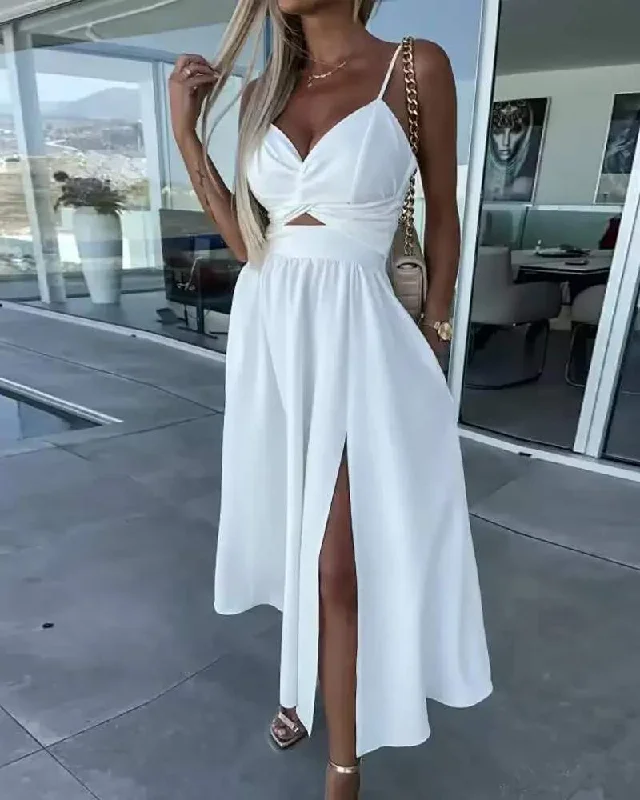 TWISTED SLIT SPAGHETTI STRAP CASUAL DRESS