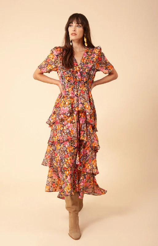 Jade Lurex Jacquard Tiered Dress Yellow - Hale Bob