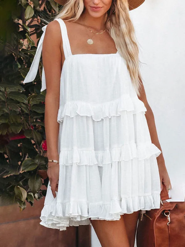Solid Color Ruffled Strappy Strap Dress