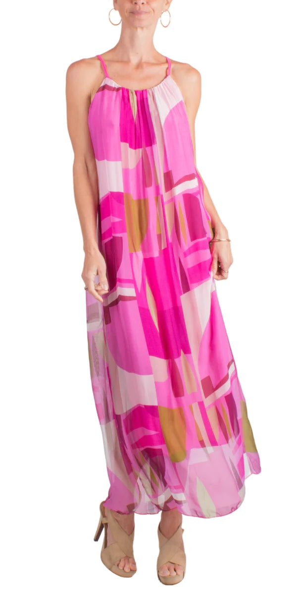 Graphic Print Spaghetti Strap Silk Dress