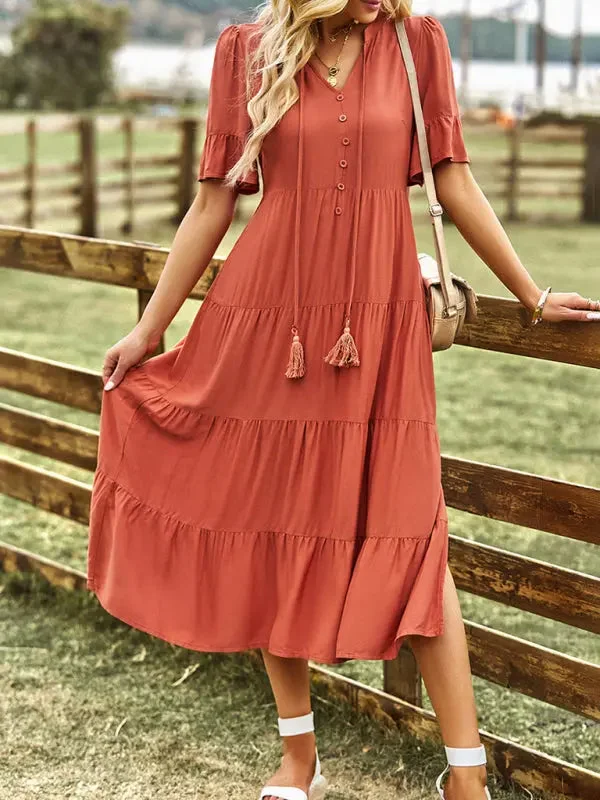 Blue Zone Planet | Solid color loose V-neck midi tiered dress
