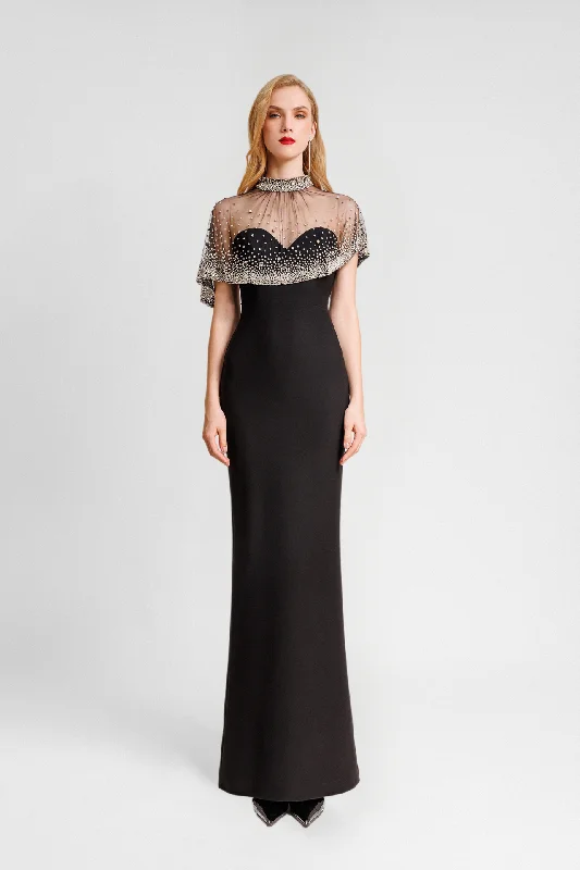 Beaded Tulle Overlay Crepe Dress