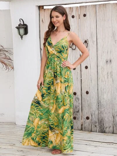 Blue Zone Planet |  Printed Surplice Spaghetti Strap Dress