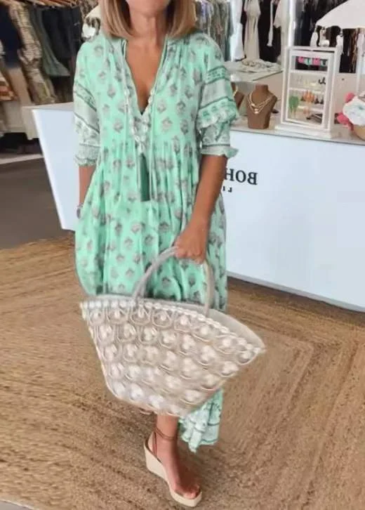 STYLE BOHEMIAN V NECK FASHION LANTERN SLEEVE HIGH WAIST LARGE HEM DRESS FOR WOMEN