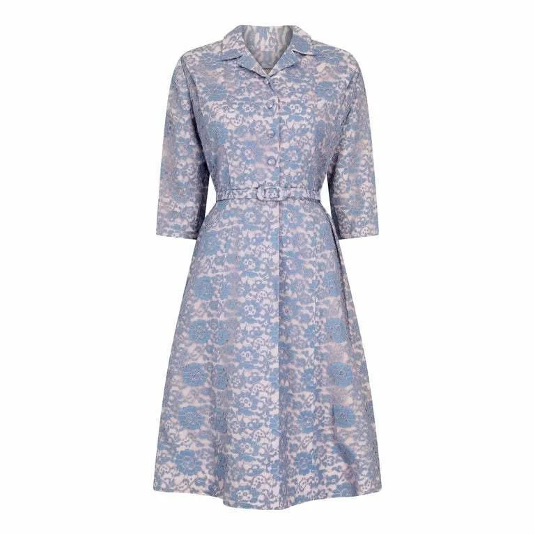 1950s Blush & Blue Lace Belted Shirt Waister Dress