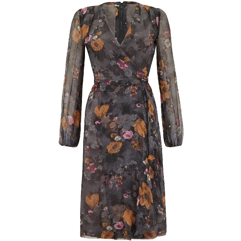 1960s British Couture Grey Floral Silk Chiffon Vintage Dress