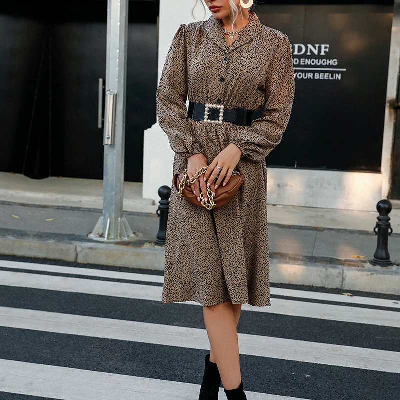 Blue Zone Planet |  lapel long -sleeved leopard dress