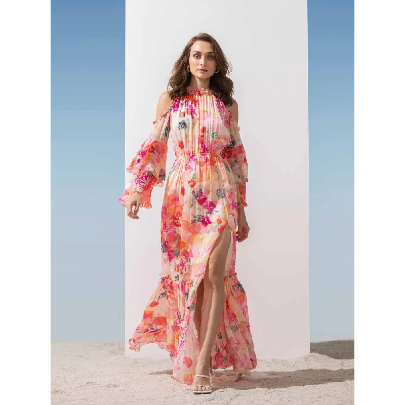 MANDIRA WIRK Ruffled Detailed Chiffon Printed Dress with Side Slit