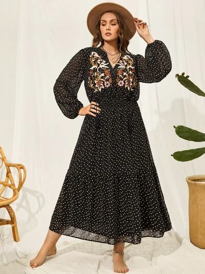 Blue Zone Planet |  Plus Size Embroidered Tassel Balloon Sleeve Dress