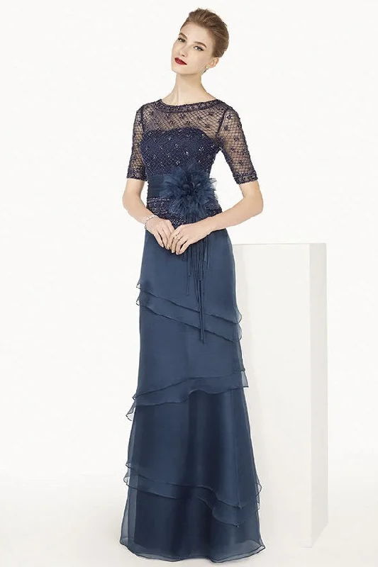 Sheath Illusion Neckline Short Sleeve Floor-length Mother of The Bride Dress  with Tiered Skirt