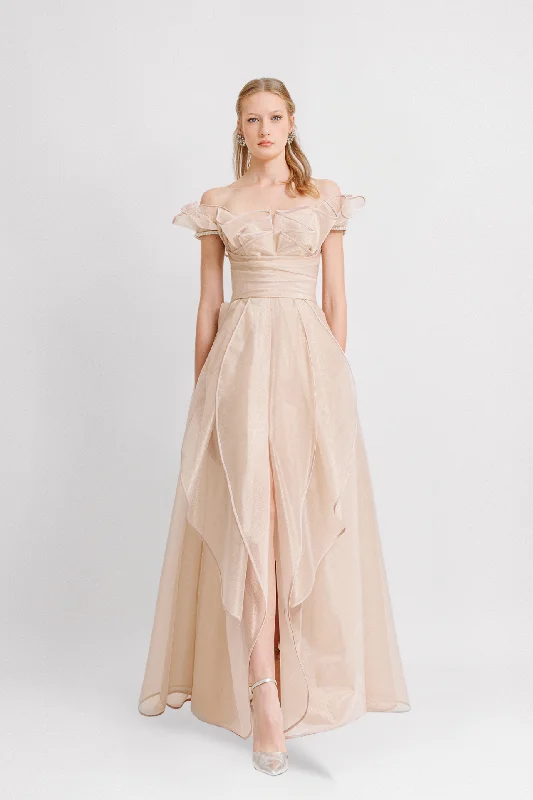 Off-Shoulder Ruffles Dress with Beadings