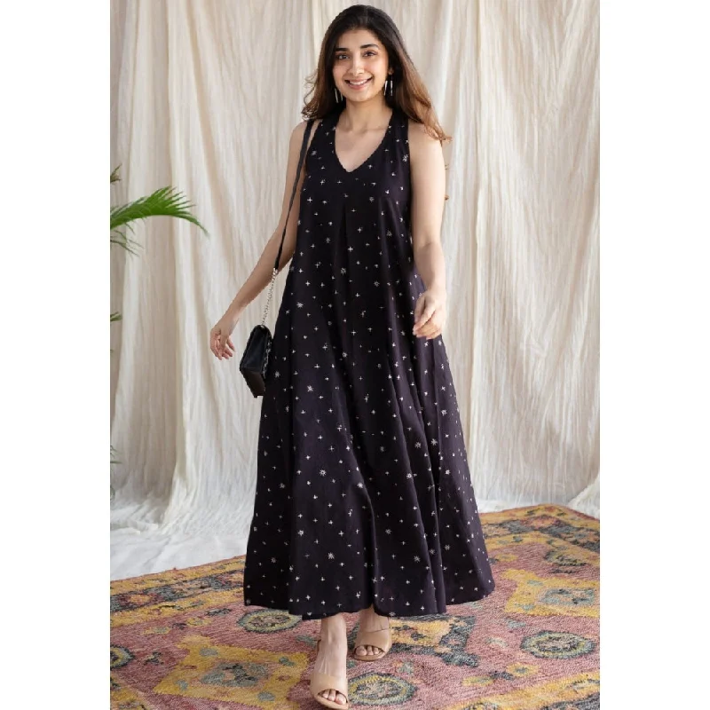The Indian Ethnic Co. Black Ajrakh A-Line Cotton Printed Sleeveless V-Neck Dress
