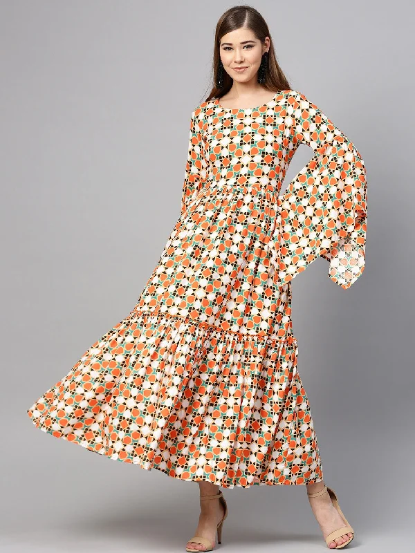Orange & Off White Printed Dress