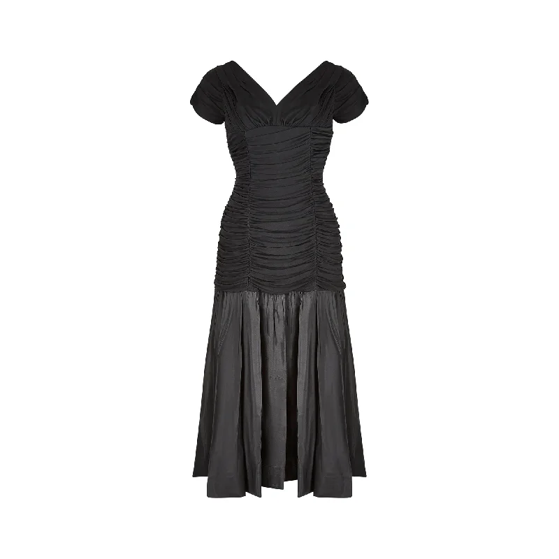 1950s Ceil Chapman Black Taffeta and Ruched Silk Jersey Dress