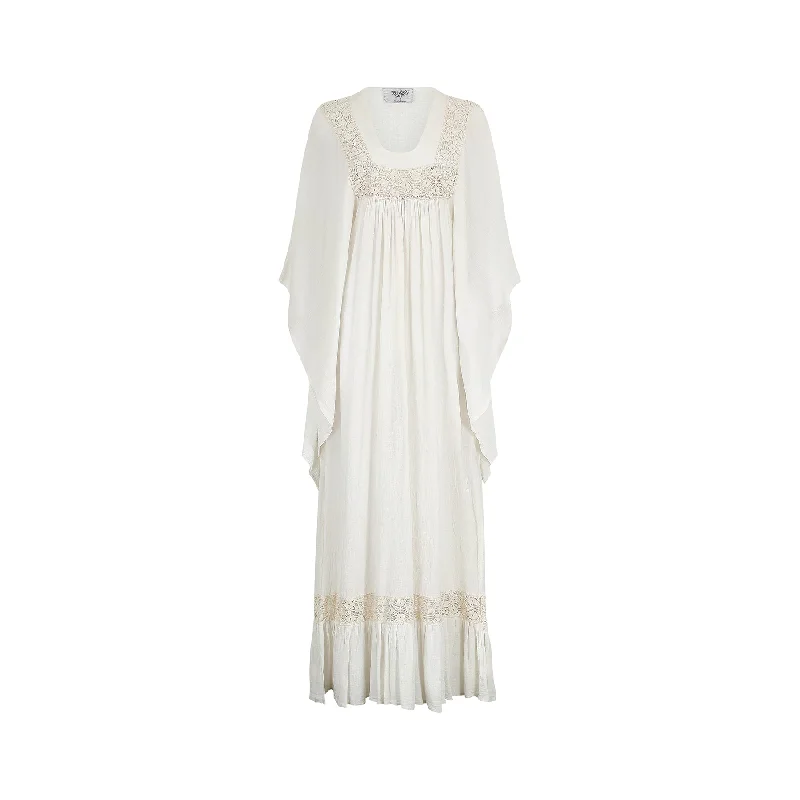 1970s Dew Styles White Cotton Angel-Sleeve Dress