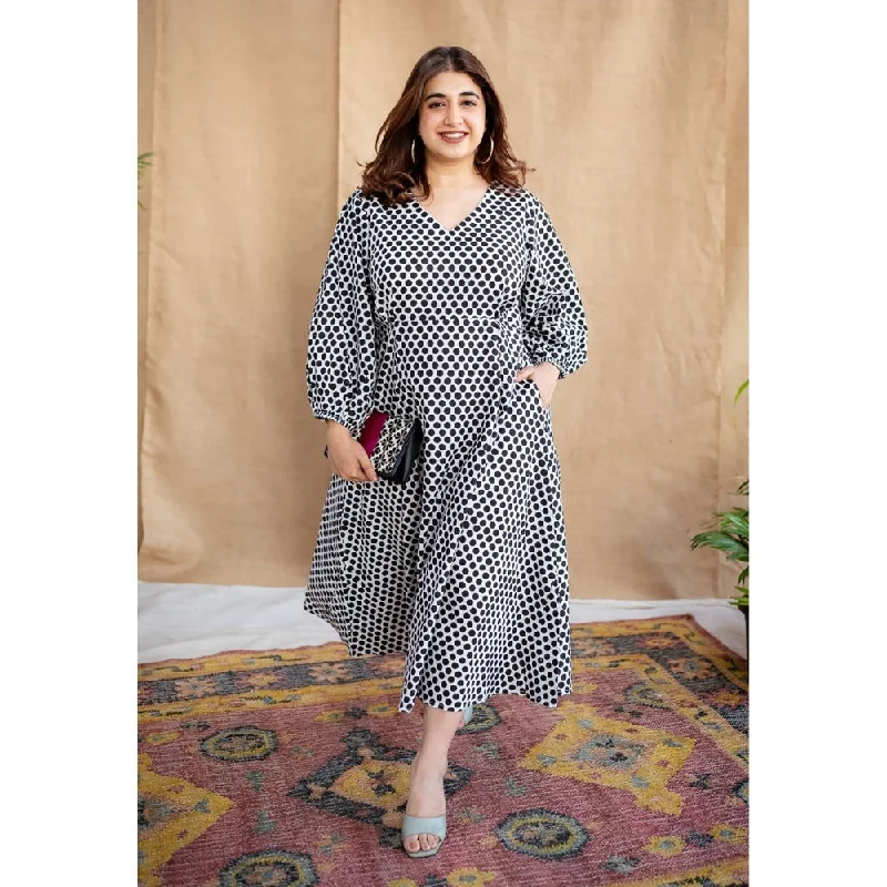The Indian Ethnic Co. Multi-Color A-Line Dabu Printed Cotton Dress With V Neck