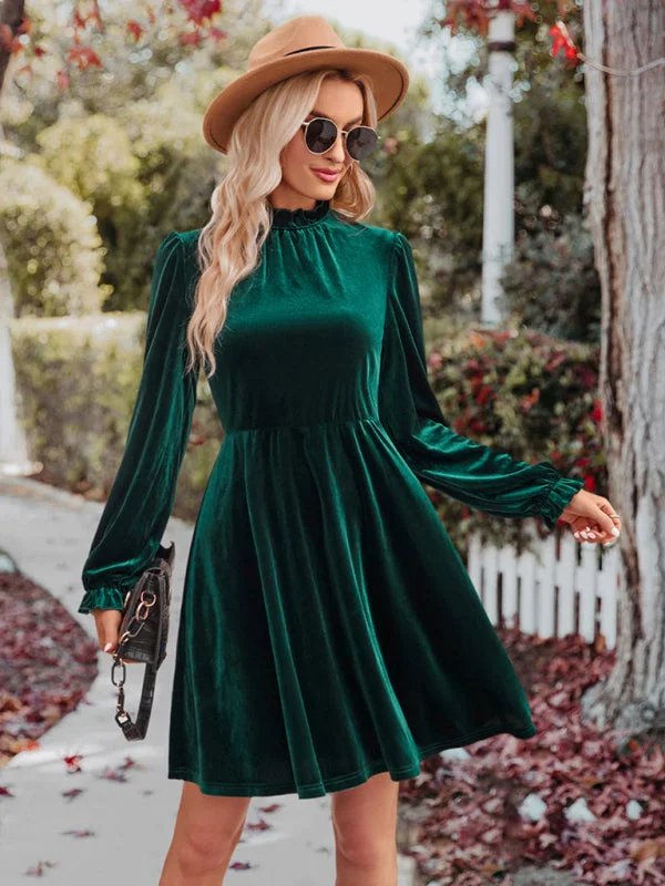 Blue Zone Planet |  Turtleneck velvet solid color waist dress