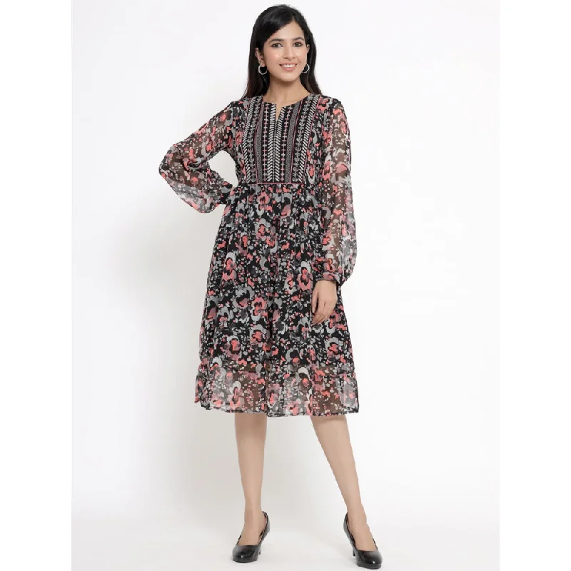 Juniper Black Chiffon Printed Flared Dress