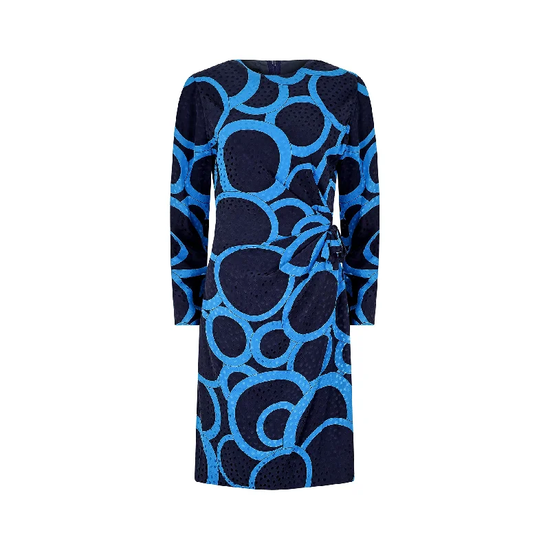 1980s Louis Feraud Navy and Turqouise Jacquard Silk Dress