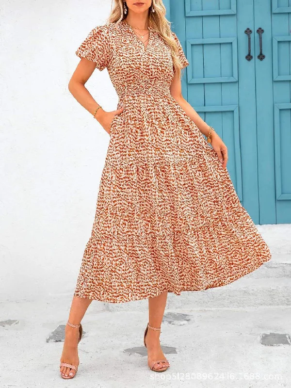 WOMEN S SHEINV COLLAR BUBBLE PLEATED SHORT SLEEVED POCKET DRESS