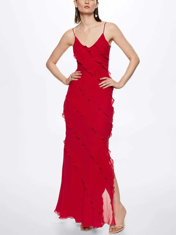 Blue Zone Planet |  Lola's Backless Slit Strap Ruffle Floor-Length Dress