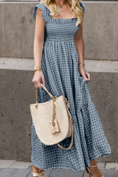 Blue Zone Planet |  Full Size Smocked Ruffled Plaid Ruffle Hem Dress
