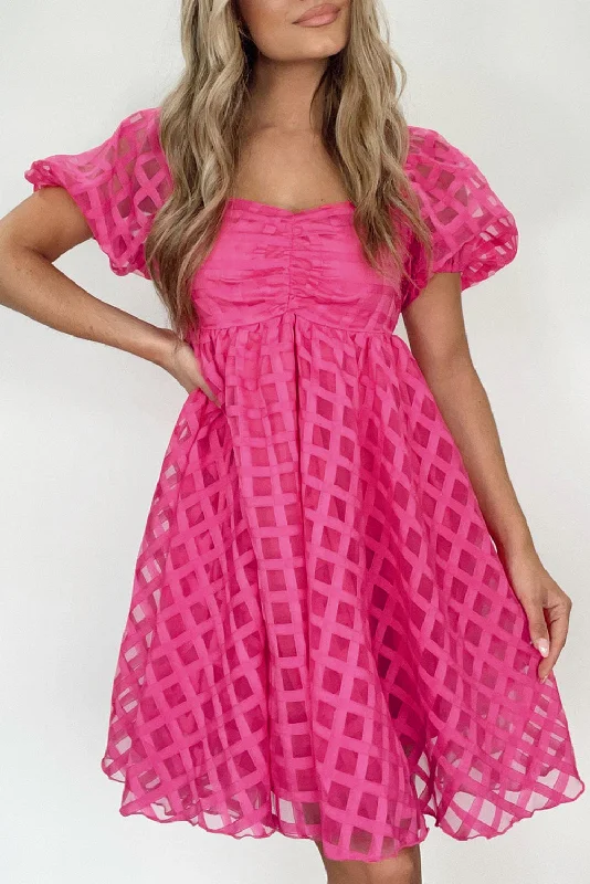 Pink Checkered Puff Sleeve Babydoll Dress February.