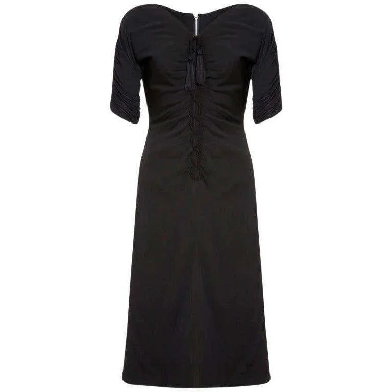 1950s Black Jersey and Twisted Tassel Wiggle Dress