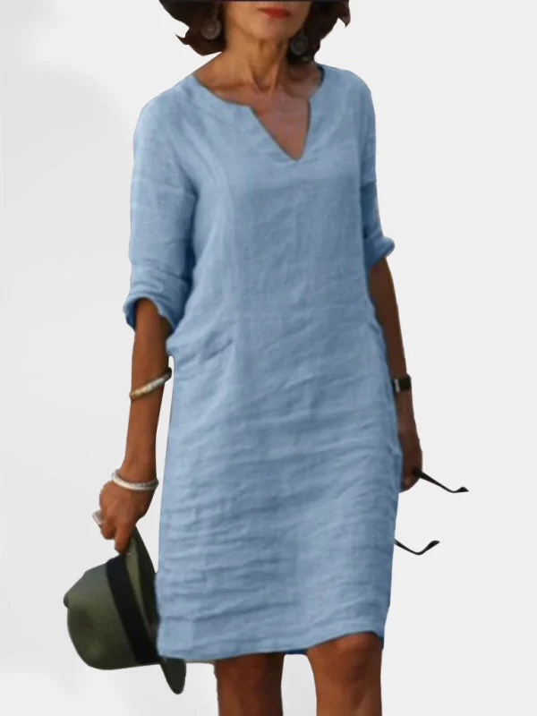 Blue Zone Planet |  cotton and linen solid color slim V-neck mid-sleeved dress