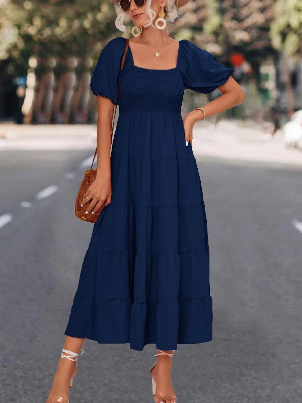 Womens Fashion Casual Solid Color Square Neck Short Bubble Sleeve DRESS