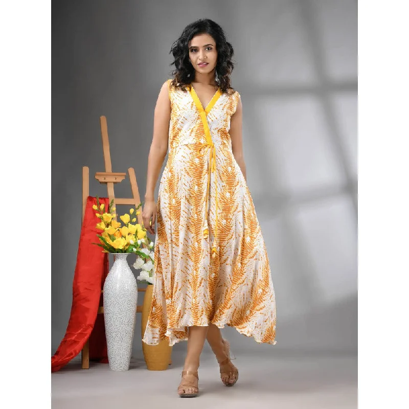 CHARUKRITI White and Mustard Rayon Shibori Printed Ethnic Dress