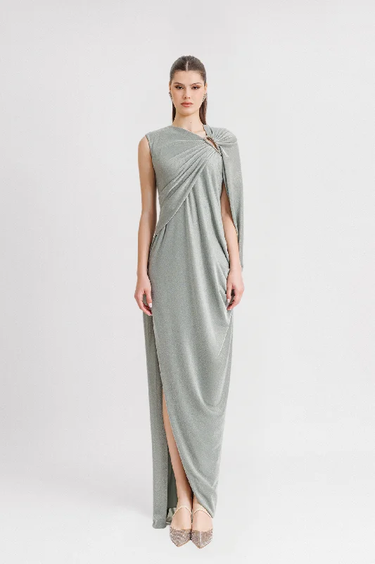 Asymmetrical Draped Dress with Beaded Cut-Out